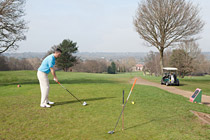 Teeing off using Driver; 3-Wood leaning neatly on Golf-Rest. Click to enlarge.